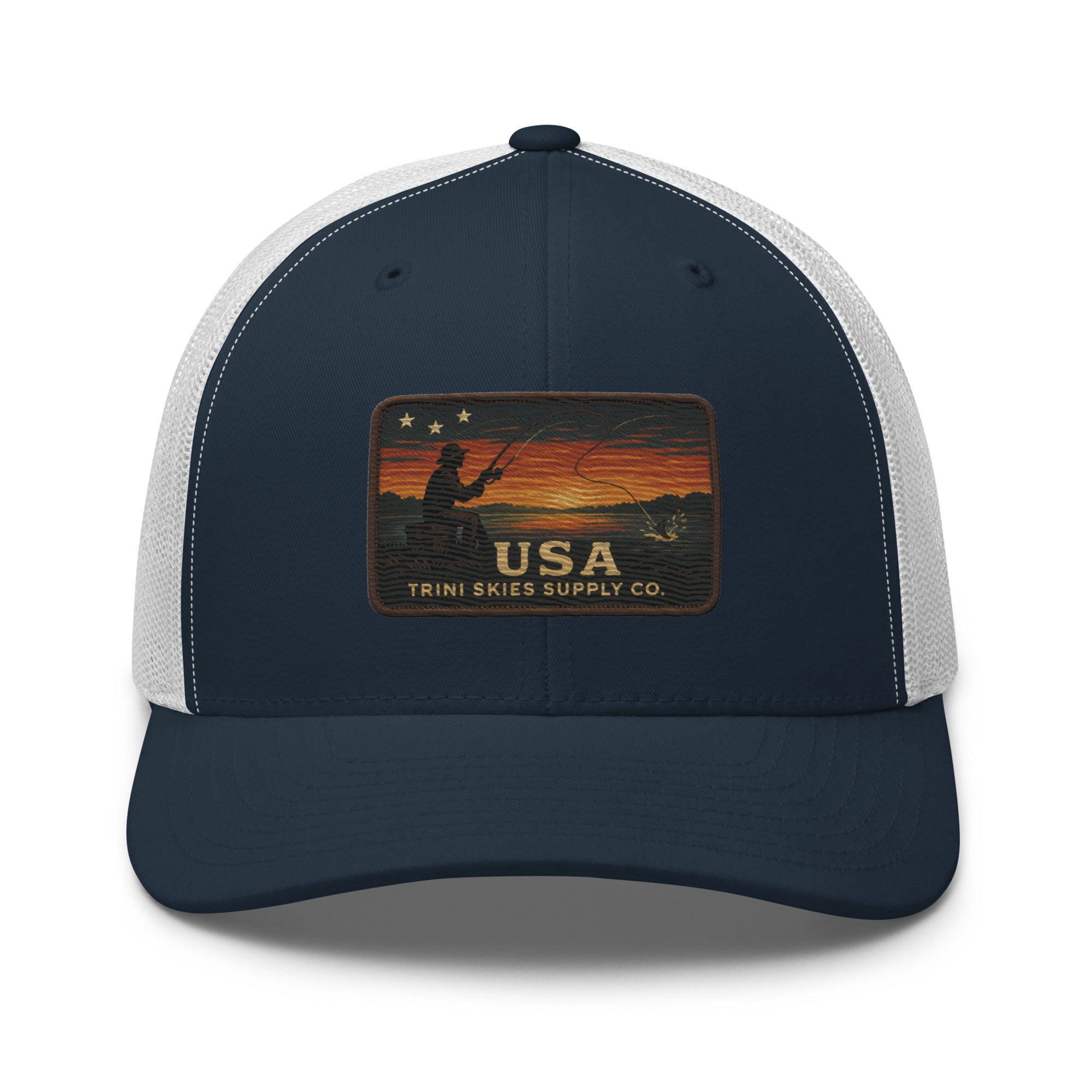 USA Fishing Patch Hat – Yupoong Retro Trucker | Lightweight Patriotic Cap | Trini Skies Heritage Waters Spring Edition - Triniskies