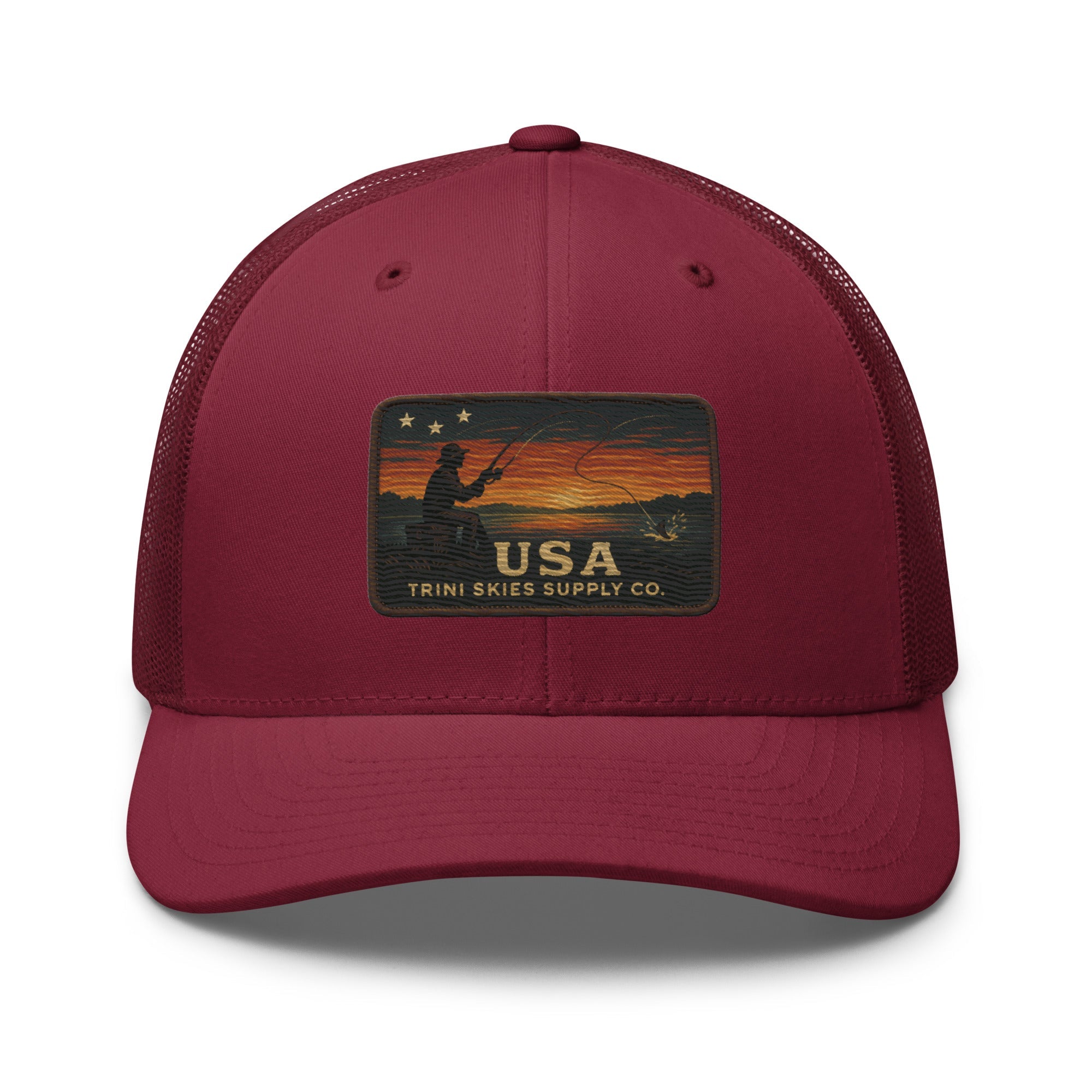 USA Fishing Patch Hat – Yupoong Retro Trucker | Lightweight Patriotic Cap | Trini Skies Heritage Waters Spring Edition - Triniskies