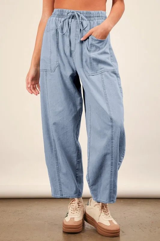 VERY J Washed Chambray Barrel Denim Pants | Trini Skies Resortwear - Triniskies