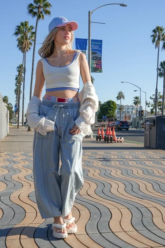 VERY J Washed Chambray Barrel Denim Pants | Trini Skies Resortwear - Triniskies