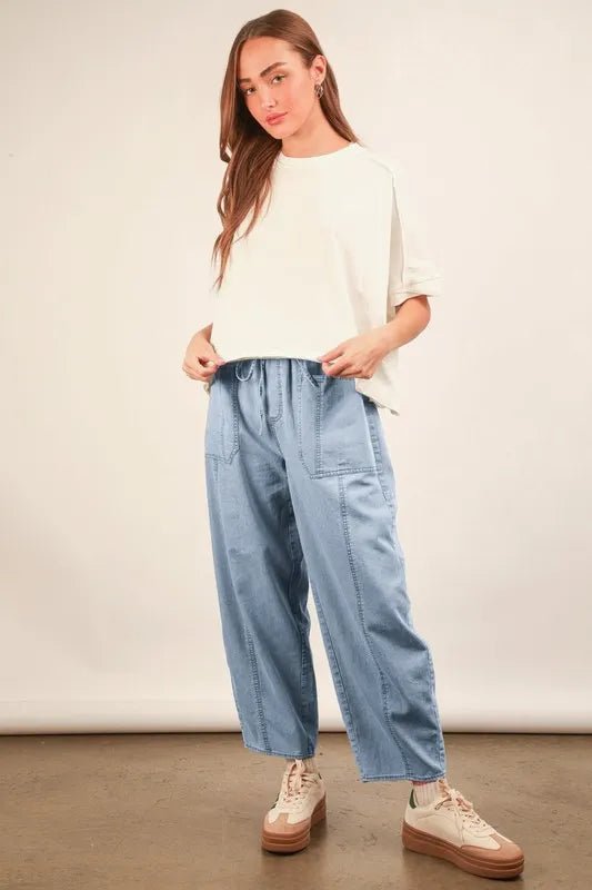 VERY J Washed Chambray Barrel Denim Pants | Trini Skies Resortwear - Triniskies