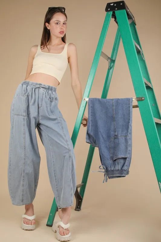 VERY J Washed Chambray Barrel Denim Pants | Trini Skies Resortwear - Triniskies