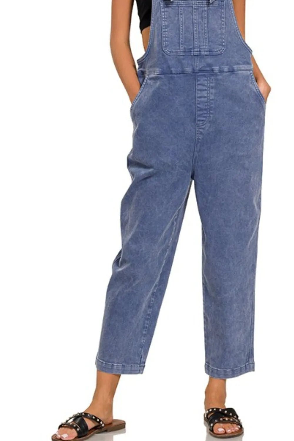 Zenana Washed Knot Strap Relaxed Fit Denim Overalls – Adjustable, Stretchy, Blue - Triniskies