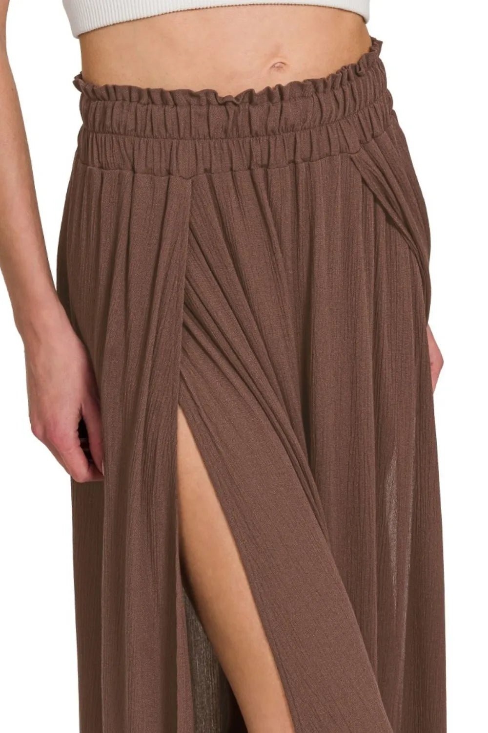 Zenana Woven Crinkle Gauze High - Slit Maxi Skirt – Chocolate Brown - Triniskies