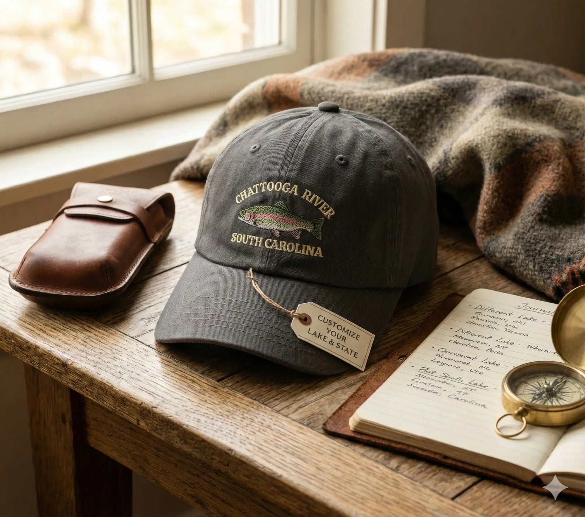 custom cabin hats embroidered and graphic personalization hat on a cabin desk 