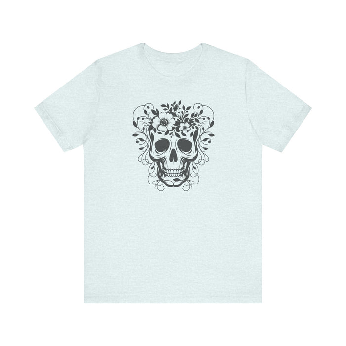 Floral Skull T-Shirt Design - Live Wild Skull with Flowers and Vines Graphic Tee Great Gift, Skateboarder Shirt, Rock and Roll Shirt, Rose