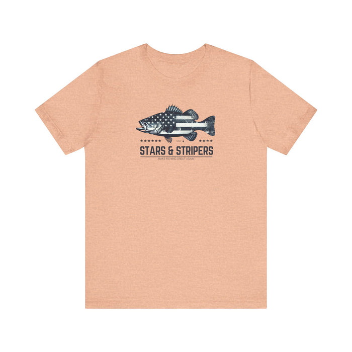 Patriotic Bass Fishing Stars & Stripers Jersey Short Sleeve Tee Soft Cotton Classic Nature Great Gift, Husband Gift, Wife Gift Fishing Shirt