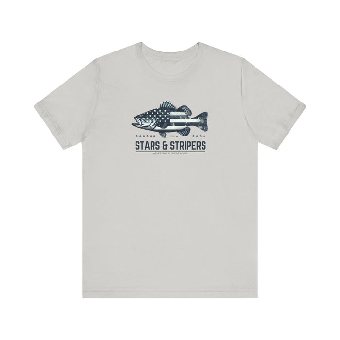 Patriotic Bass Fishing Stars & Stripers Jersey Short Sleeve Tee Soft Cotton Classic Nature Great Gift, Husband Gift, Wife Gift Fishing Shirt