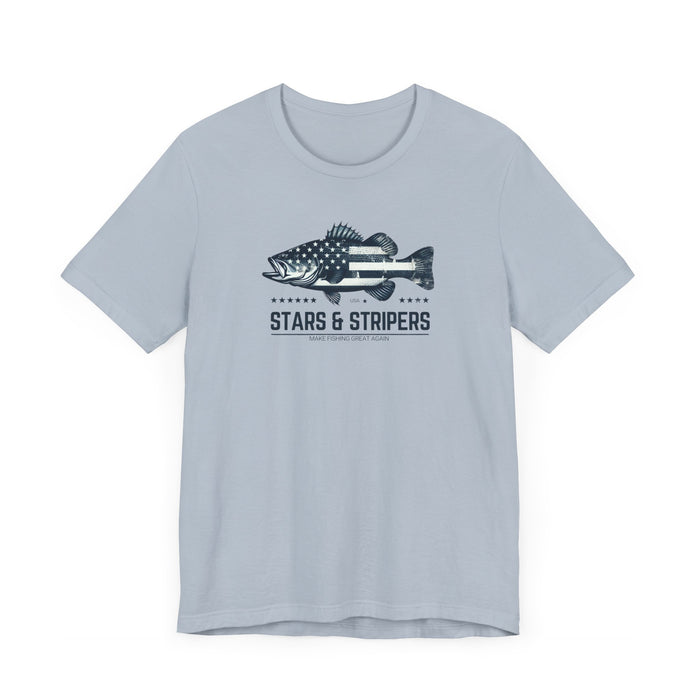 Patriotic Bass Fishing Stars & Stripers Jersey Short Sleeve Tee Soft Cotton Classic Nature Great Gift, Husband Gift, Wife Gift Fishing Shirt