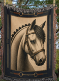 Close-up detail of the Bridle Path woven cotton throw blanket showing the horse portrait linework, snaffle bit motif, and woven fringe construction — Trini Skies