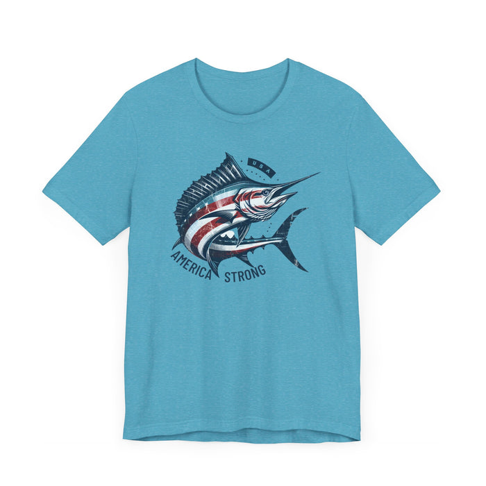 Patriotic Marlin America Strong Unisex Jersey Short Sleeve Tee Soft Cotton Classic Nature Great Gift, Husband Gift, Wife Gift, Fishing Shirt