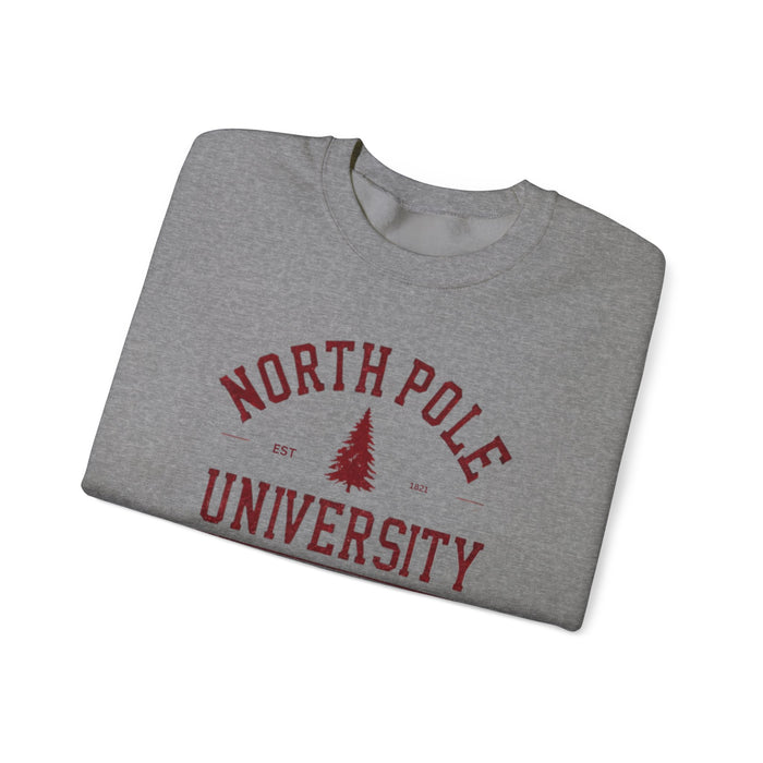 North Pole University Graphic Varsity Christmas Sweatshirt Unisex Heavy Blend Crewneck