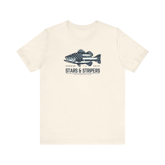 Patriotic Bass Fishing Stars & Stripers Jersey Short Sleeve Tee Soft Cotton Classic Nature Great Gift, Husband Gift, Wife Gift Fishing Shirt