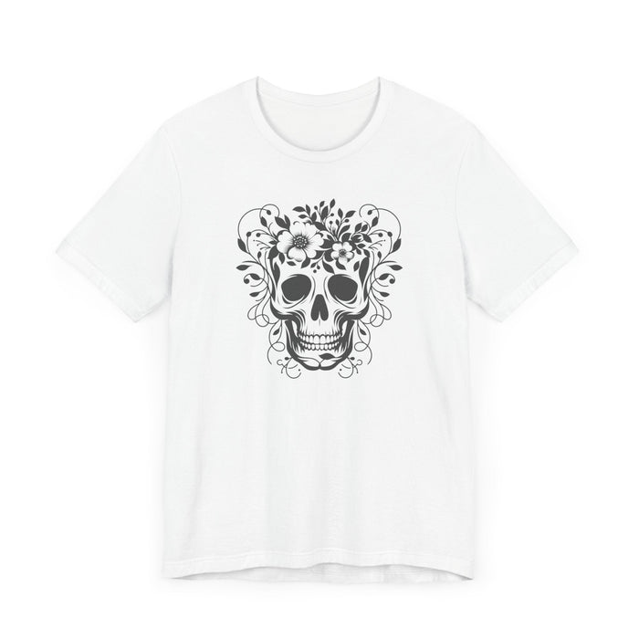 Floral Skull T-Shirt Design - Live Wild Skull with Flowers and Vines Graphic Tee Great Gift, Skateboarder Shirt, Rock and Roll Shirt, Rose