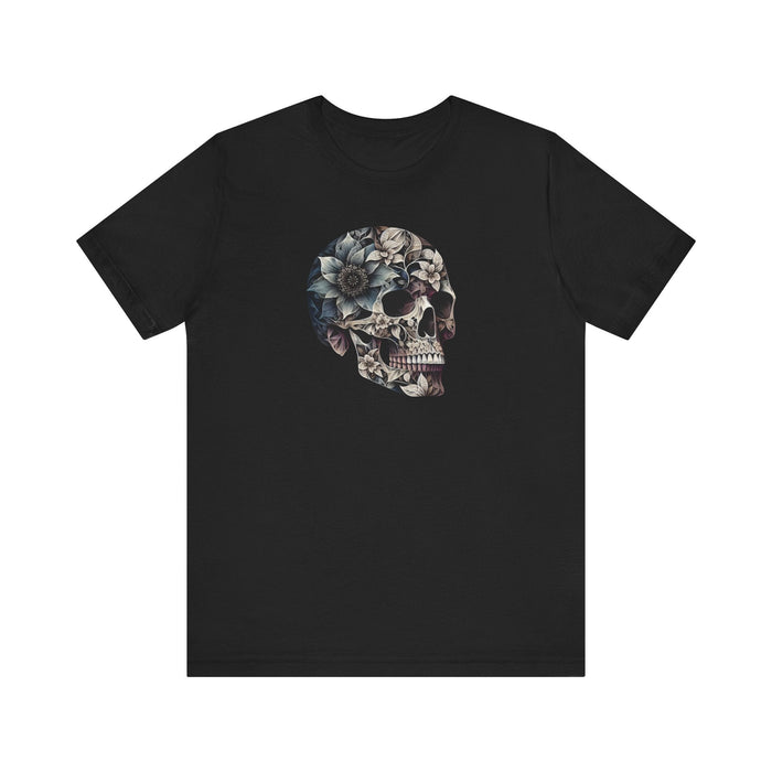 Floral Skull T-Shirt Design - Live Wild Skull with Flowers and Vines Graphic Tee Great Gift, Skateboarder Shirt, Rock and Roll Shirt, Rose