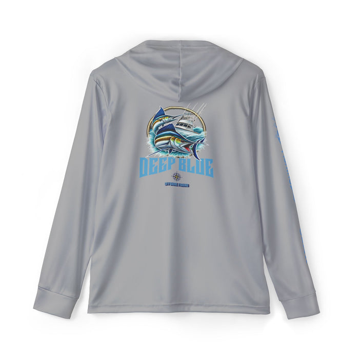 Deep Blue Offshore Fishing Unisex Performance Hoodie, 100% Polyester, Quick-Dry Activewear (GREY).