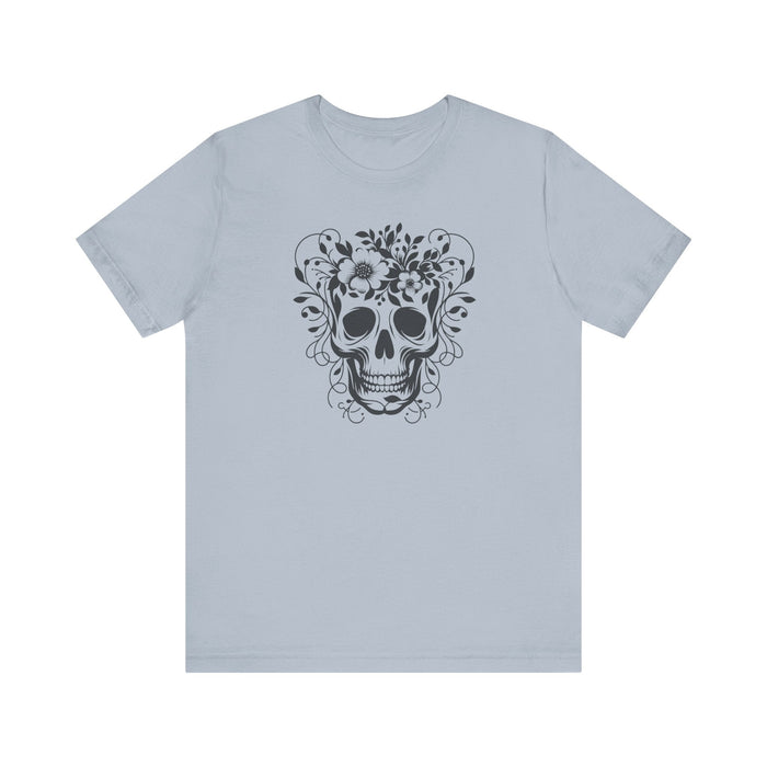 Floral Skull T-Shirt Design - Live Wild Skull with Flowers and Vines Graphic Tee Great Gift, Skateboarder Shirt, Rock and Roll Shirt, Rose