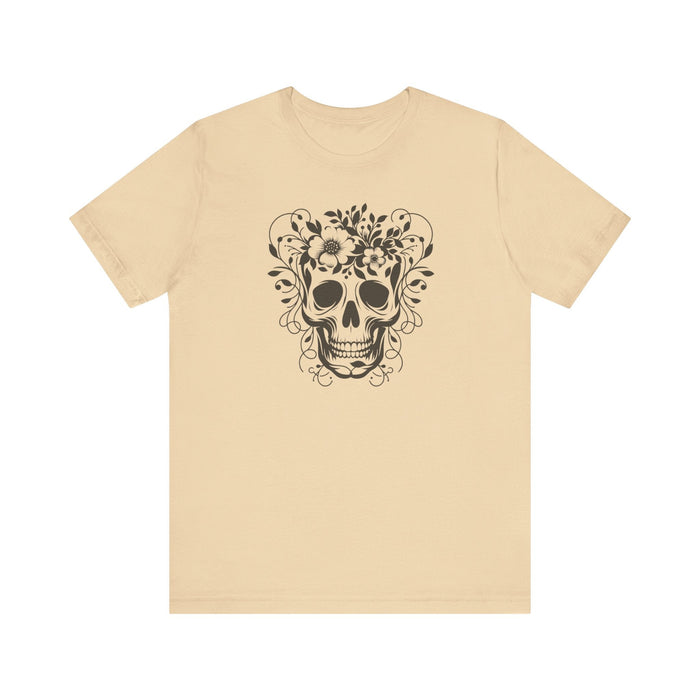 Floral Skull T-Shirt Design - Live Wild Skull with Flowers and Vines Graphic Tee Great Gift, Skateboarder Shirt, Rock and Roll Shirt, Rose