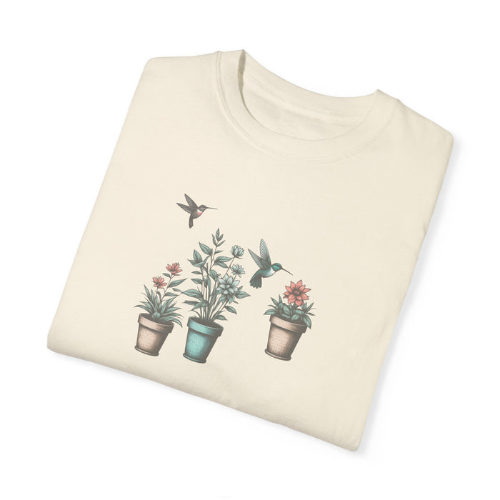 Beautiful Potted Flowers & Hummingbirds - Comfort Colors T-Shirt Nature Lover Bird Tshirt Gardening Tshirt Great Gift Idea Flower Tshirt