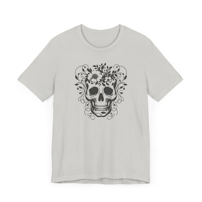 Floral Skull T-Shirt Design - Live Wild Skull with Flowers and Vines Graphic Tee Great Gift, Skateboarder Shirt, Rock and Roll Shirt, Rose