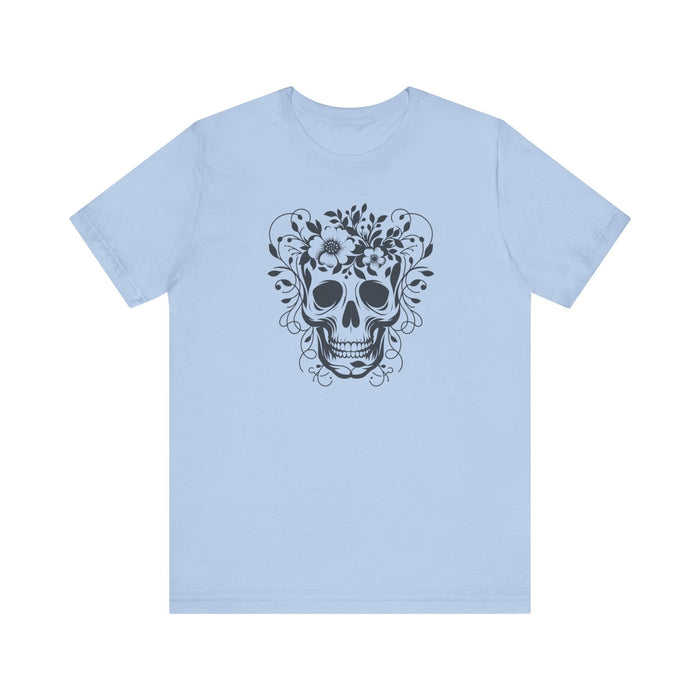 Floral Skull T-Shirt Design - Live Wild Skull with Flowers and Vines Graphic Tee Great Gift, Skateboarder Shirt, Rock and Roll Shirt, Rose