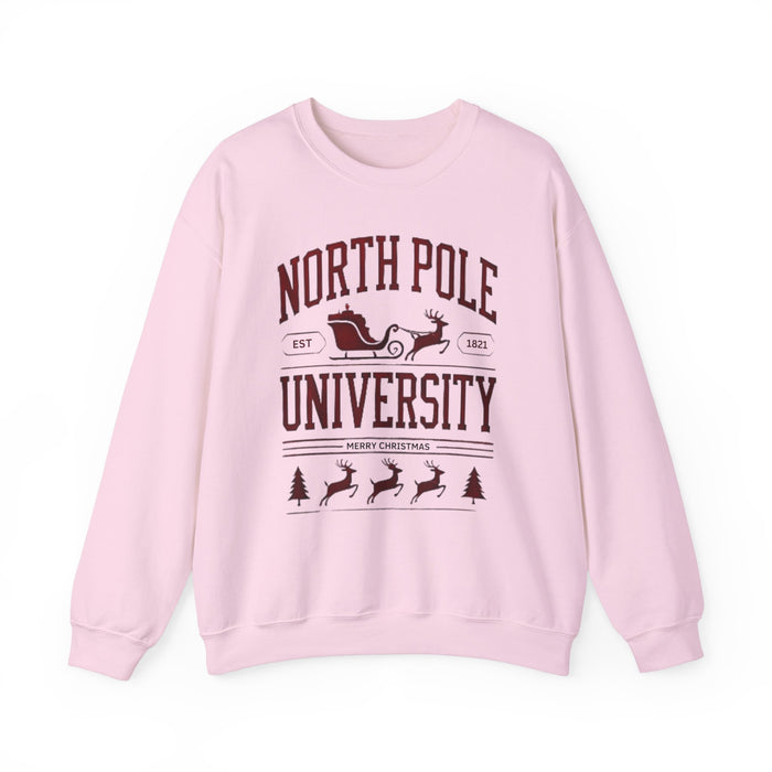 North Pole University Graphic Varsity Merry Christmas Sweatshirt Heavy Blend Crewneck