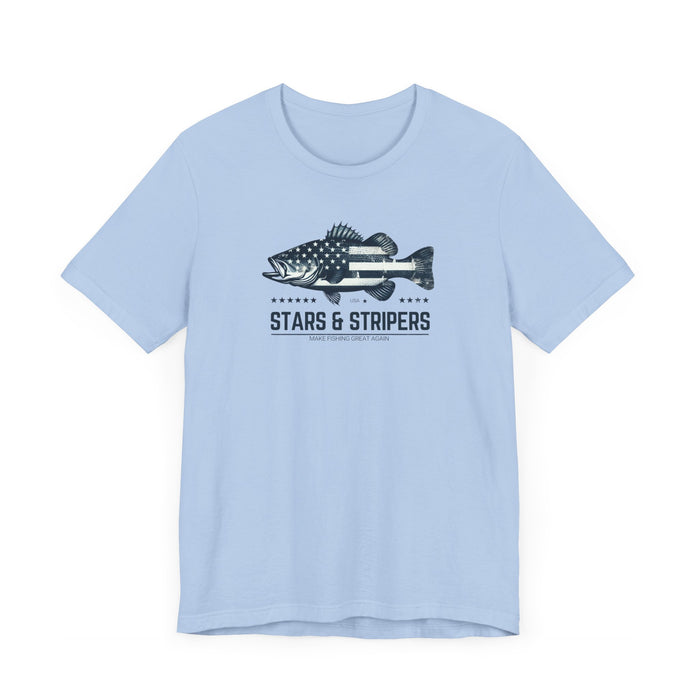 Patriotic Bass Fishing Stars & Stripers Jersey Short Sleeve Tee Soft Cotton Classic Nature Great Gift, Husband Gift, Wife Gift Fishing Shirt