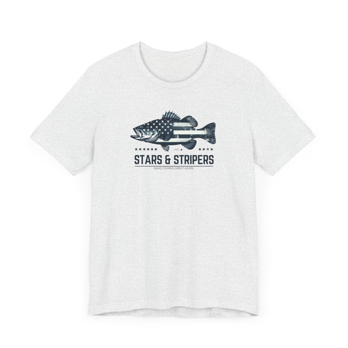 Patriotic Bass Fishing Stars & Stripers Jersey Short Sleeve Tee Soft Cotton Classic Nature Great Gift, Husband Gift, Wife Gift Fishing Shirt