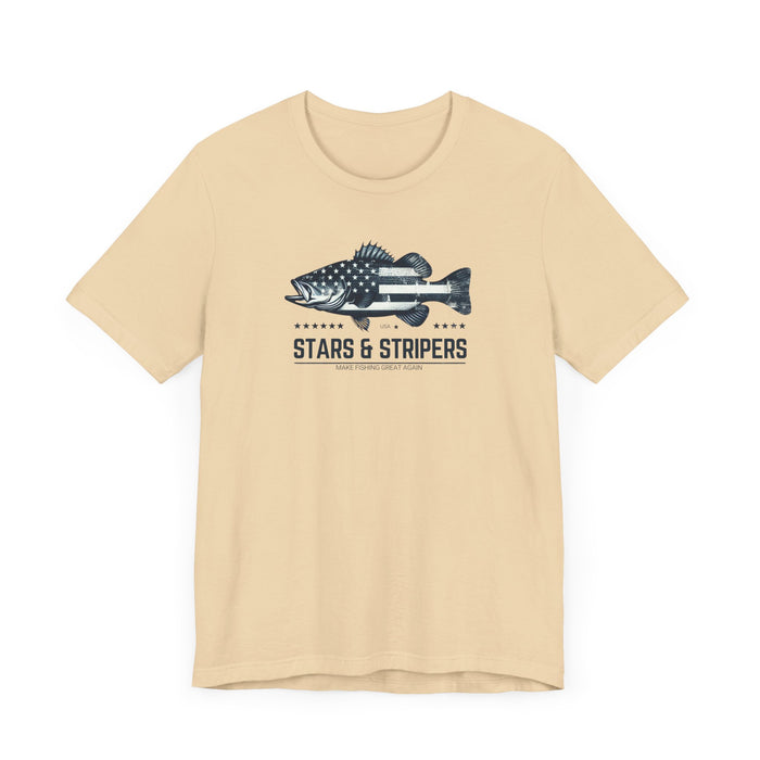 Patriotic Bass Fishing Stars & Stripers Jersey Short Sleeve Tee Soft Cotton Classic Nature Great Gift, Husband Gift, Wife Gift Fishing Shirt