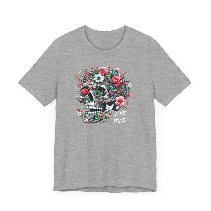 Floral Skull T-Shirt Design - Live Wild Skull with Flowers and Vines Graphic Tee Great Gift, Skateboarder Shirt, Rock and Roll Shirt, Rose