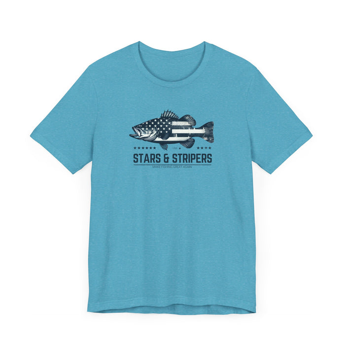 Patriotic Bass Fishing Stars & Stripers Jersey Short Sleeve Tee Soft Cotton Classic Nature Great Gift, Husband Gift, Wife Gift Fishing Shirt