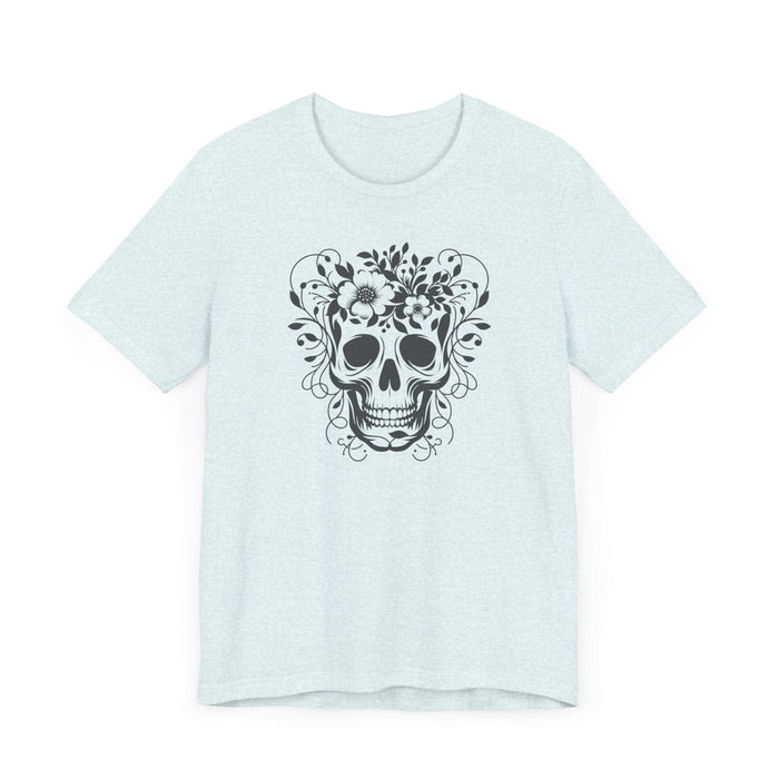 Floral Skull T-Shirt Design - Live Wild Skull with Flowers and Vines Graphic Tee Great Gift, Skateboarder Shirt, Rock and Roll Shirt, Rose