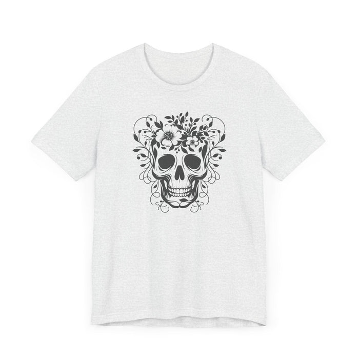 Floral Skull T-Shirt Design - Live Wild Skull with Flowers and Vines Graphic Tee Great Gift, Skateboarder Shirt, Rock and Roll Shirt, Rose