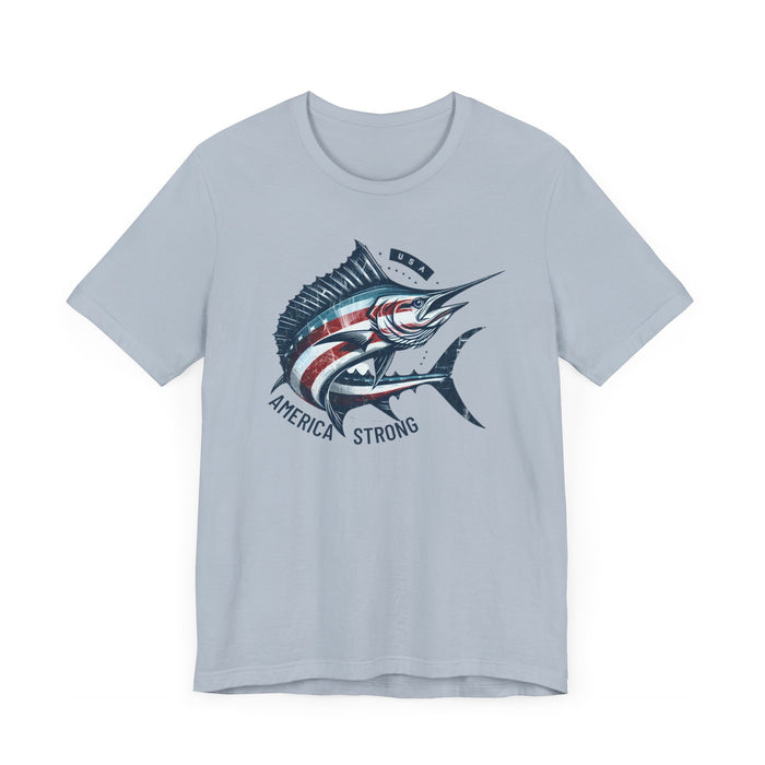 Patriotic Marlin America Strong Unisex Jersey Short Sleeve Tee Soft Cotton Classic Nature Great Gift, Husband Gift, Wife Gift, Fishing Shirt