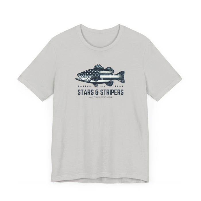 Patriotic Bass Fishing Stars & Stripers Jersey Short Sleeve Tee Soft Cotton Classic Nature Great Gift, Husband Gift, Wife Gift Fishing Shirt