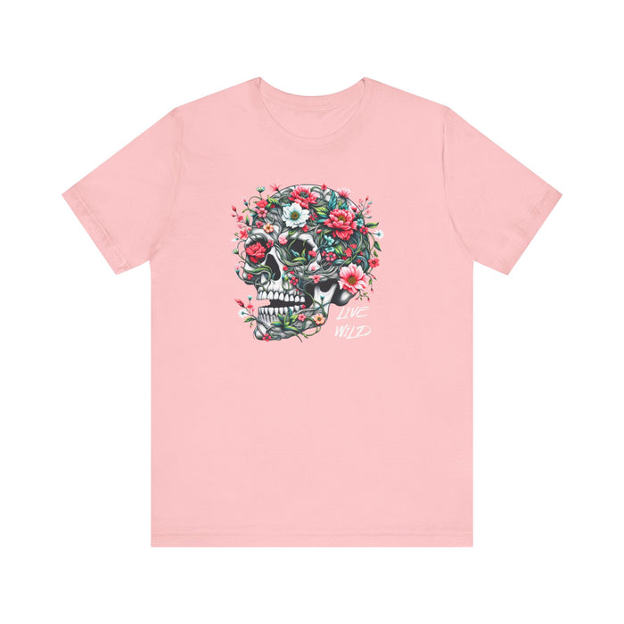 Floral Skull T-Shirt Design - Live Wild Skull with Flowers and Vines Graphic Tee Great Gift, Skateboarder Shirt, Rock and Roll Shirt, Rose