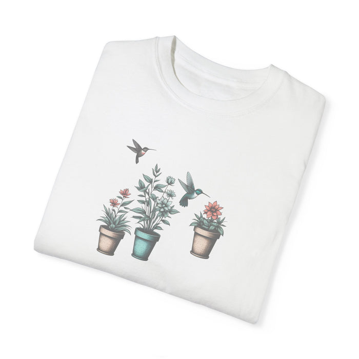 Beautiful Potted Flowers & Hummingbirds - Comfort Colors T-Shirt Nature Lover Bird Tshirt Gardening Tshirt Great Gift Idea Flower Tshirt