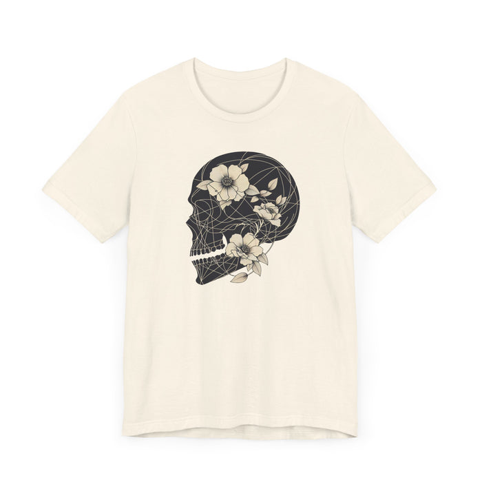 Floral Skull T-Shirt Design - Live Wild Skull with Flowers and Vines Graphic Tee Great Gift, Skateboarder Shirt, Rock and Roll Shirt, Rose