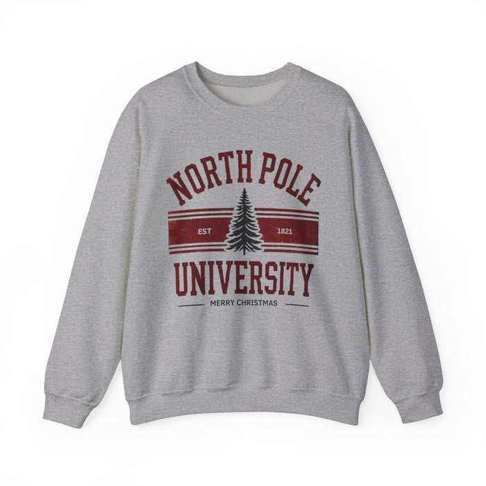 North Pole University Graphic Varsity Merry Christmas Sweatshirt Heavy Blend Crewneck