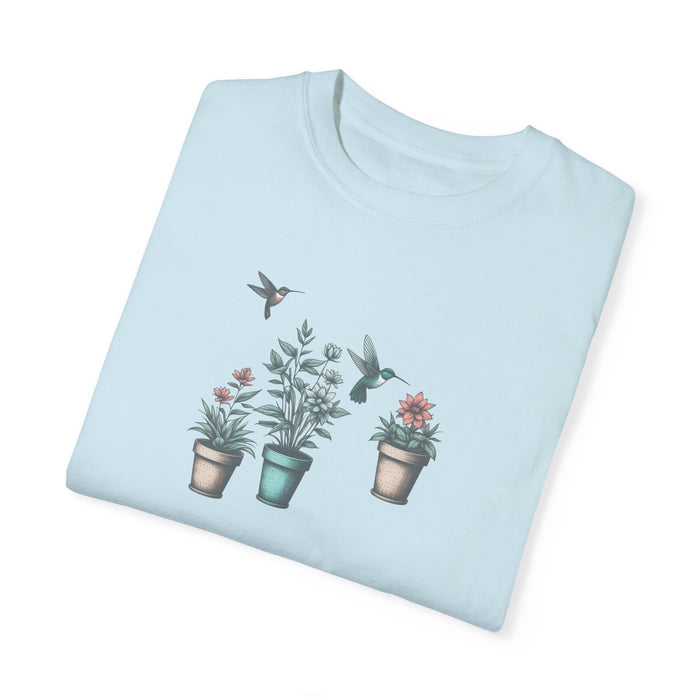 Beautiful Potted Flowers & Hummingbirds - Comfort Colors T-Shirt Nature Lover Bird Tshirt Gardening Tshirt Great Gift Idea Flower Tshirt