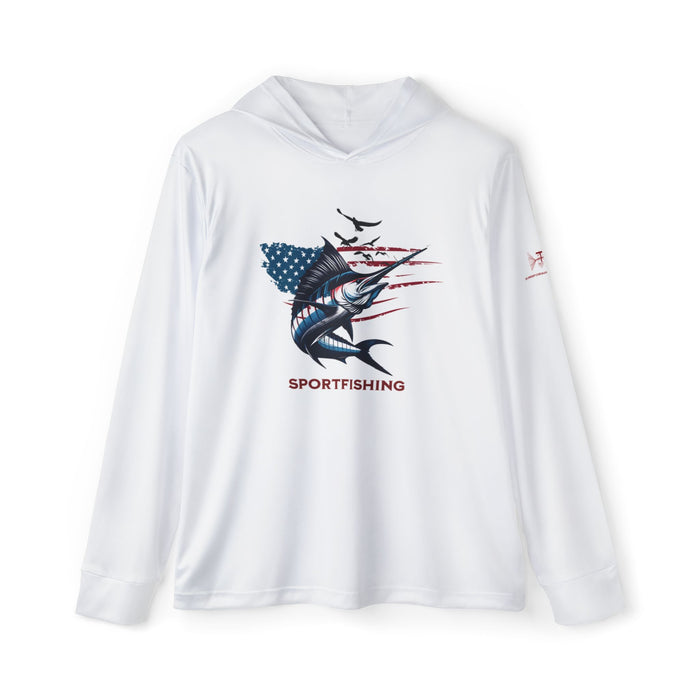 USA Sportfishing Patriotic Unisex Performance Hoodie, 100% Polyester, Moisture-Wicking Activewear.