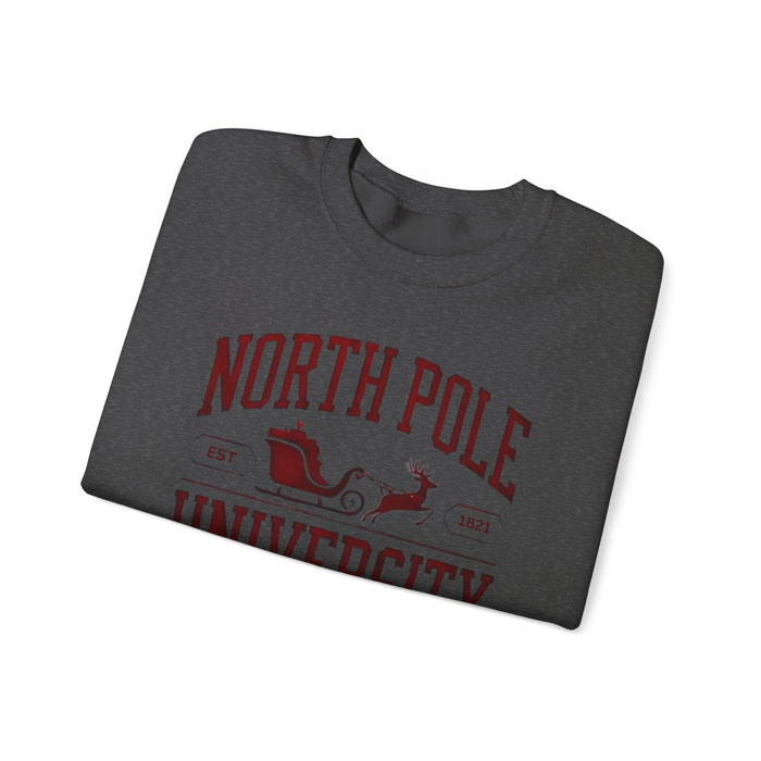 North Pole University Graphic Varsity Merry Christmas Sweatshirt Heavy Blend Crewneck