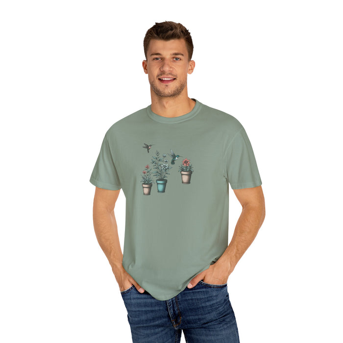 Beautiful Potted Flowers & Hummingbirds - Comfort Colors T-Shirt Nature Lover Bird Tshirt Gardening Tshirt Great Gift Idea Flower Tshirt