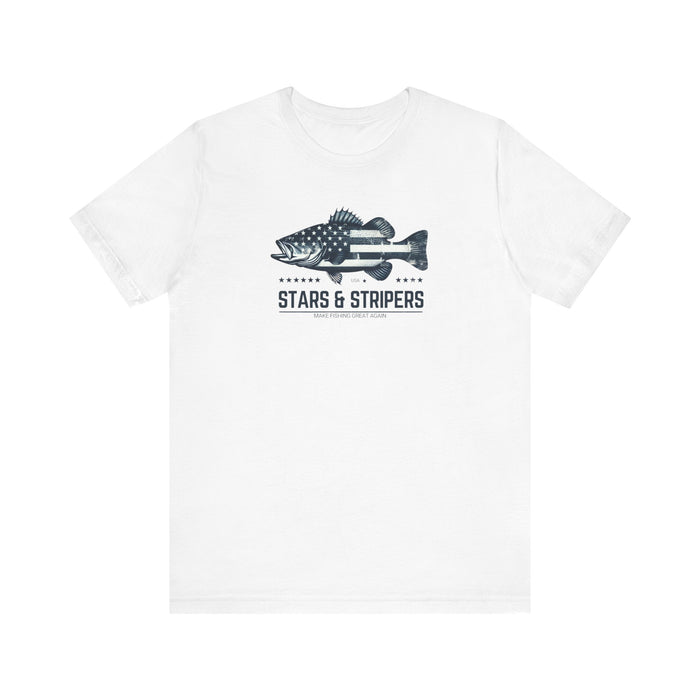 Patriotic Bass Fishing Stars & Stripers Jersey Short Sleeve Tee Soft Cotton Classic Nature Great Gift, Husband Gift, Wife Gift Fishing Shirt