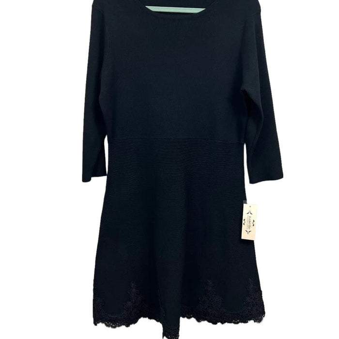 Nanette Lepore Luciana Knit Dress 3/4 Sleeve Lace Hem Very Black Size M * ND05