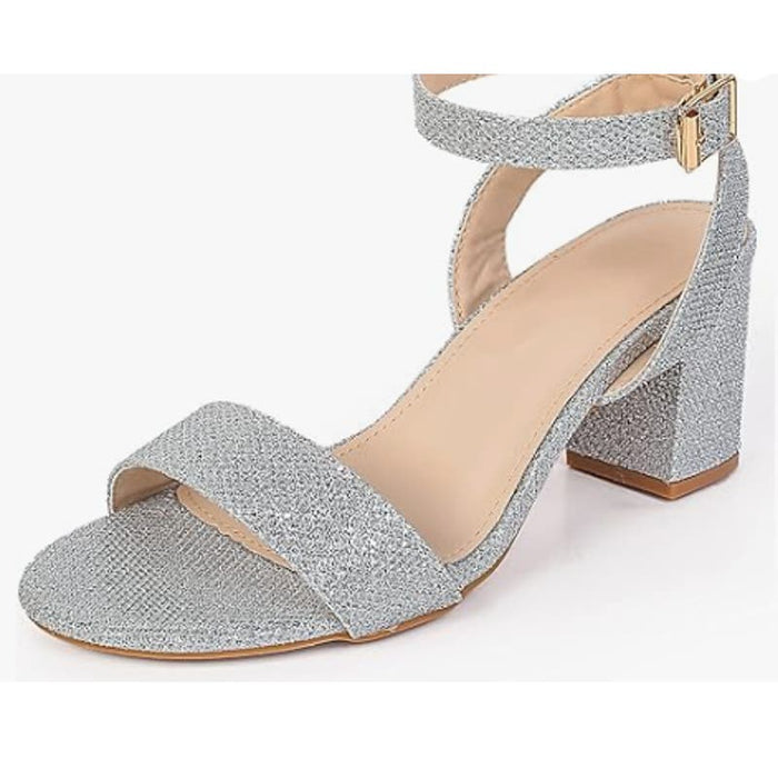 DADAWEN Women's Glitter Low Block Heels Sandals, Silver, US Size 9