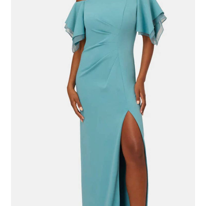 ADRIANNA PAPELL Crepe Tiered Teal Sleeve Gown SZ 6