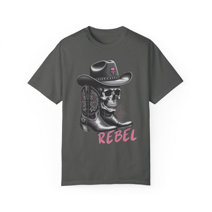 Rebel Tee, Skull Cowboy Boots Rebel Unisex Comfort Colors 1717 Garment-Dyed T-Shirt Womens Tshirt Great Gift Idea Western Rock Band