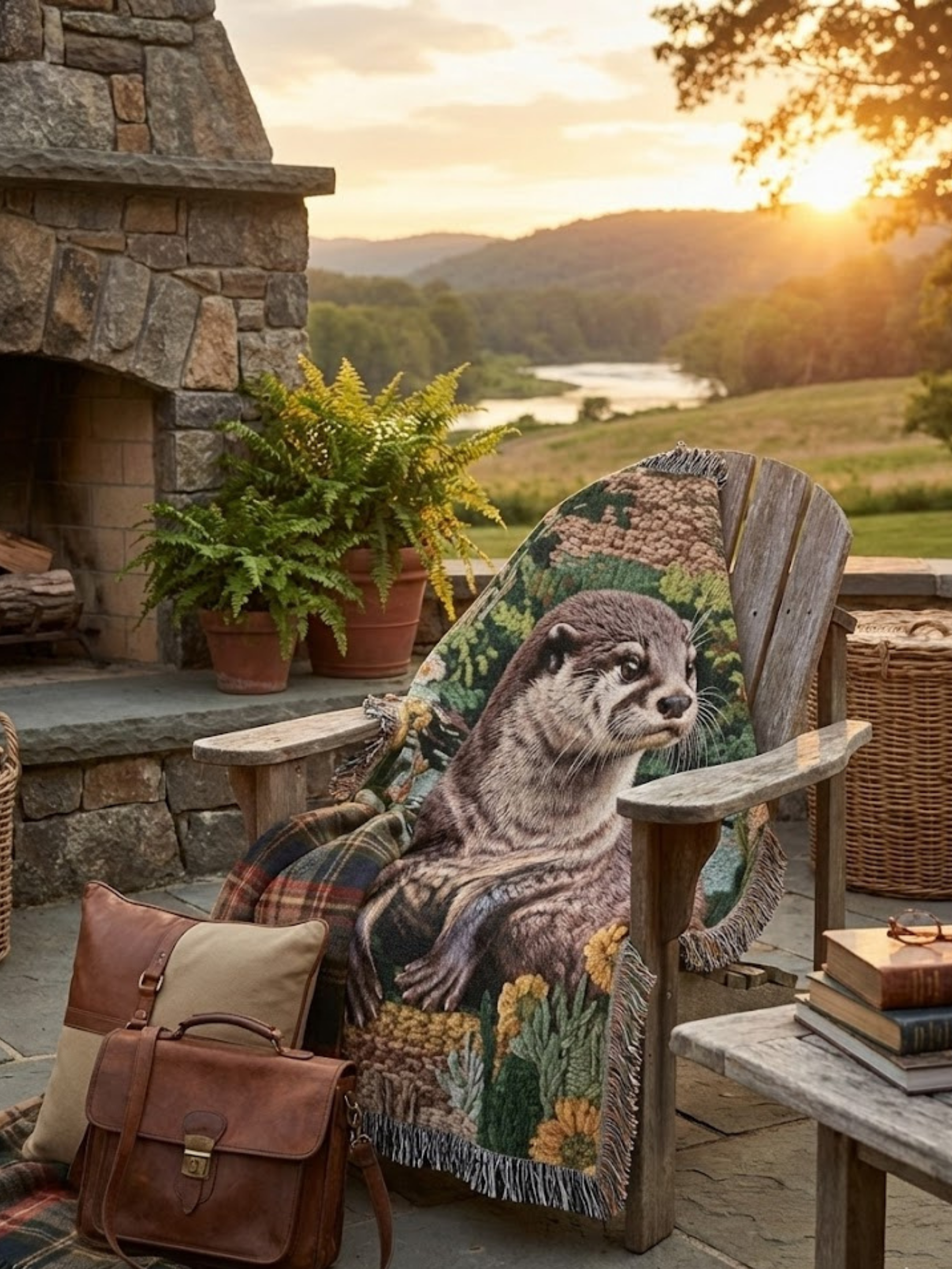 Otter Woven Blanket Botanical Wildlife Art Textile with Fringe