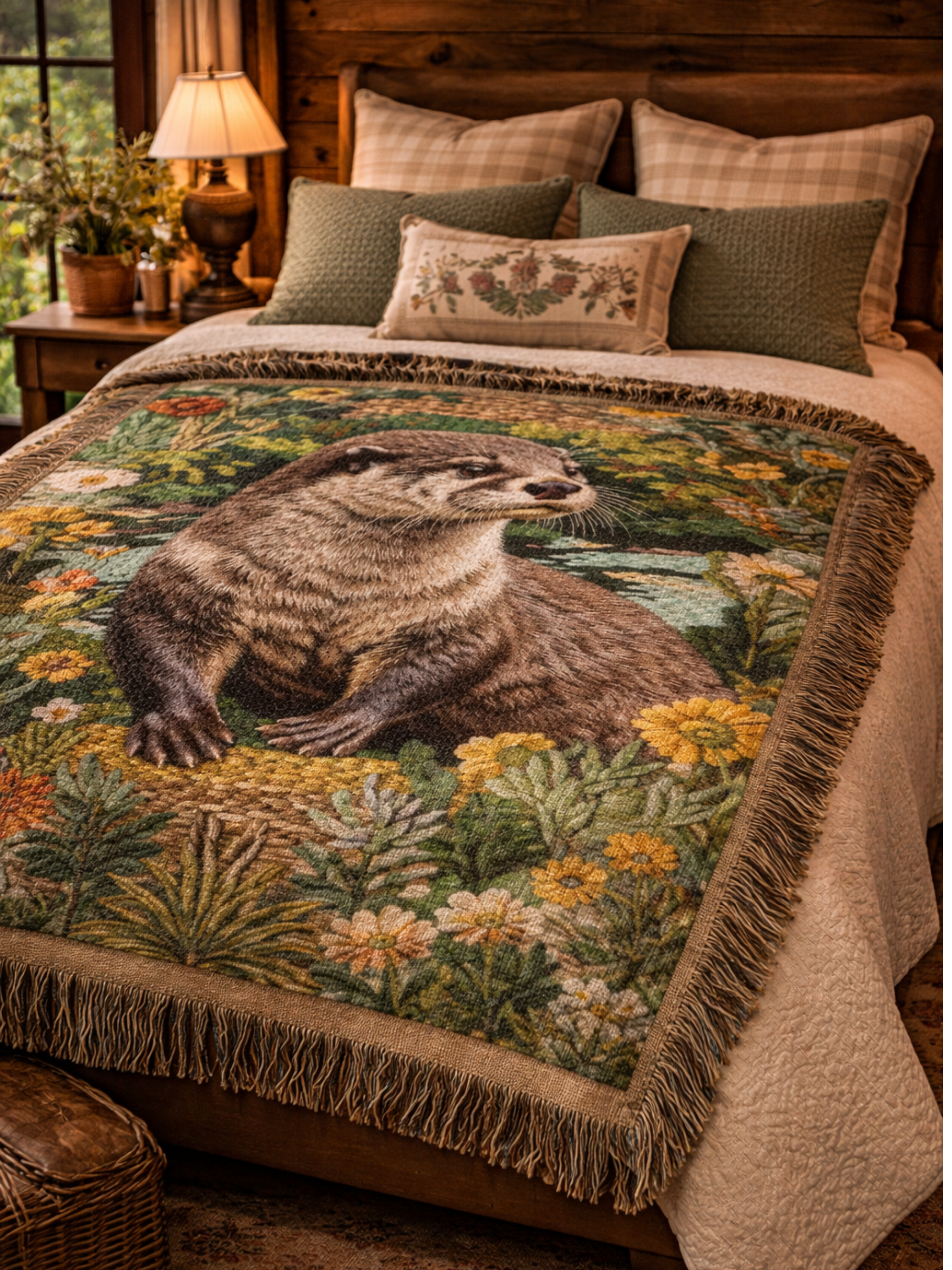 Otter Woven Blanket Botanical Wildlife Art Textile with Fringe